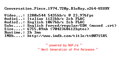NFO for the release Conversation.Piece.1974.720p.BluRay.x264-USURY by USURY