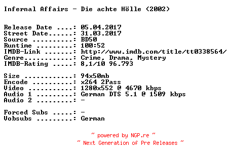 NFO for the release Internal.Affairs.Die.achte.Hoelle.2002.German.720p.BluRay.x264-SPiCY by SPiCY