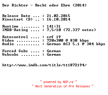 NFO for the release Der.Richter.Recht.oder.Ehre.German.BDRiP.x264-EXQUiSiTE by EXQUiSiTE