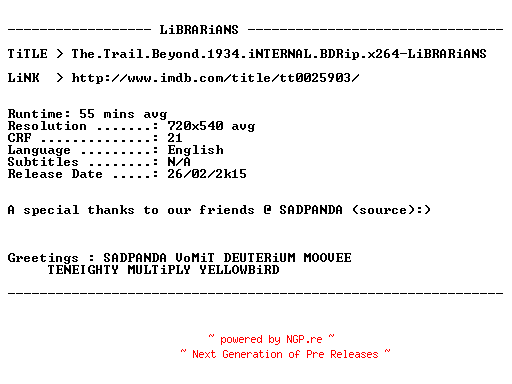 NFO for the release The.Trail.Beyond.1934.iNTERNAL.BDRip.x264-LiBRARiANS by LiBRARiANS