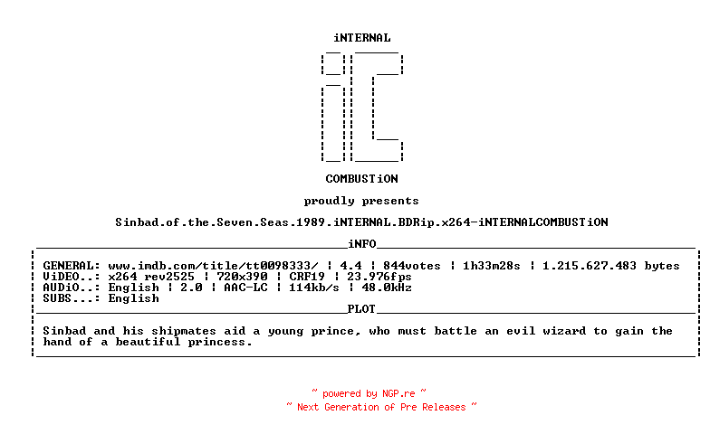 NFO for the release Sinbad.of.the.Seven.Seas.1989.iNTERNAL.BDRip.x264-iNTERNALCOMBUSTiON by iNTERNALCOMBUSTiON