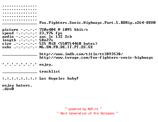 NFO for the release Foo.Fighters.Sonic.Highways.Part.5.BDRip.x264-DEV0 by DEV0