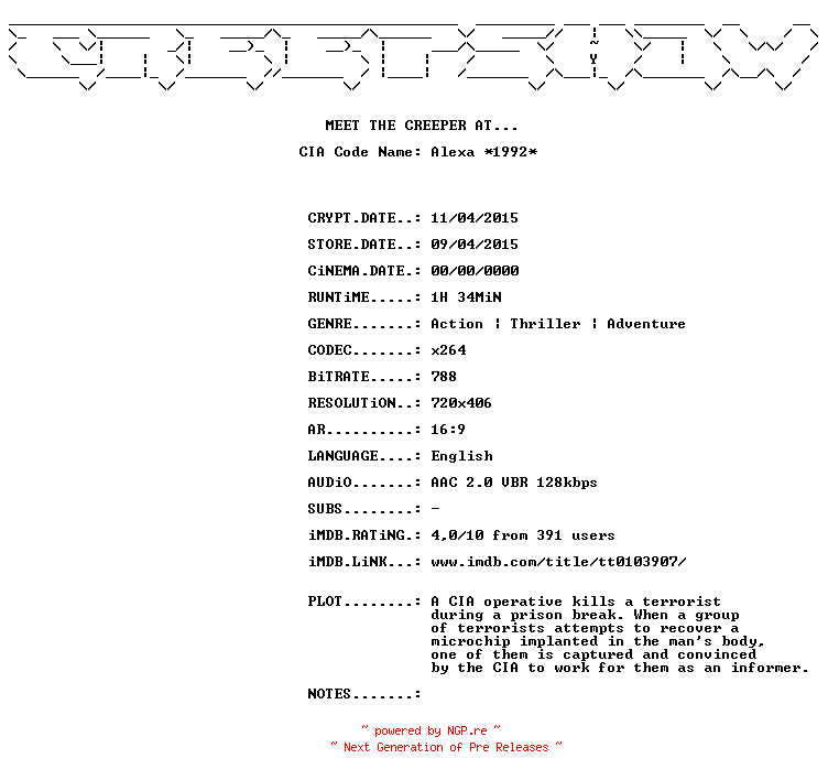 NFO for the release C.I.A.Code.Name.Alexa.1992.BDRiP.x264-CREEPSHOW by CREEPSHOW