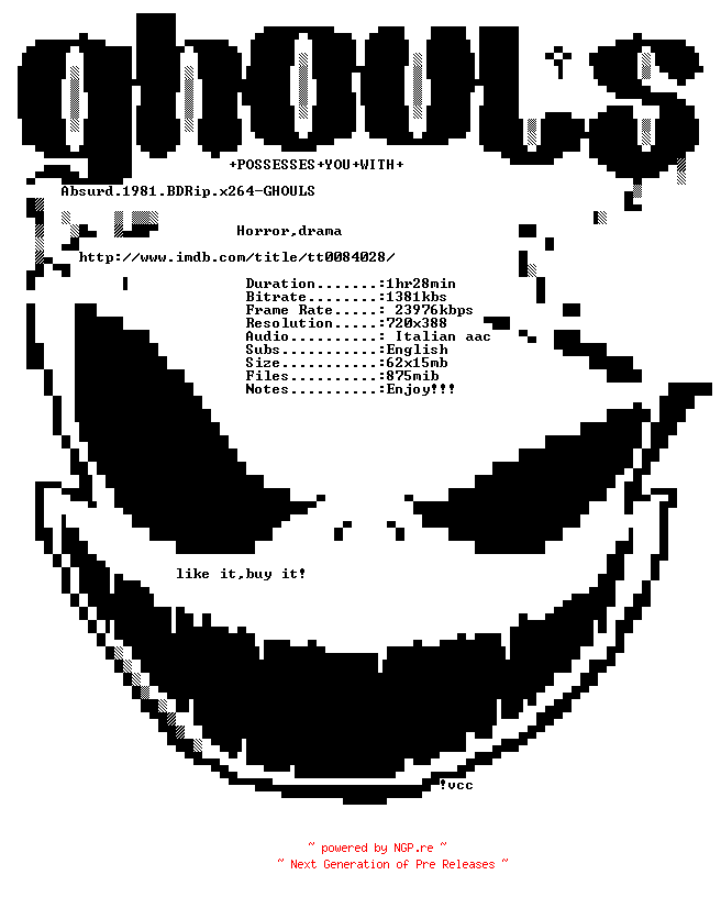 NFO for the release Absurd.1981.BDRip.x264-GHOULS by GHOULS
