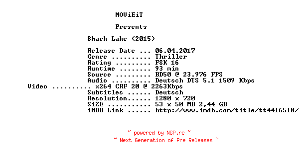 NFO for the release Shark.Lake.2015.German.720p.BluRay.x264-MOViEiT by MOViEiT