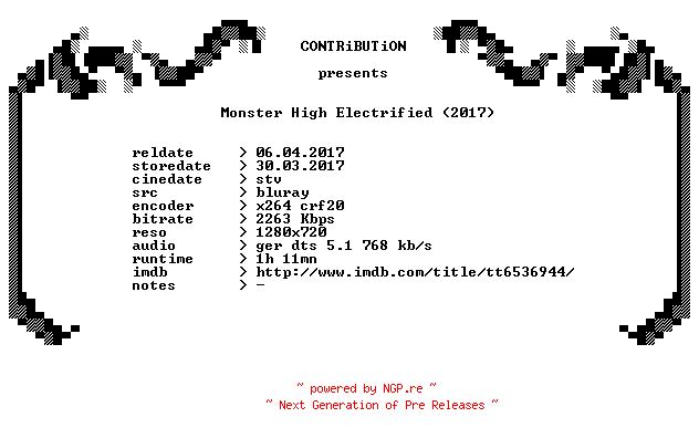 NFO for the release Monster.High.Electrified.2017.German.720p.BluRay.x264-CONTRiBUTiON by CONTRiBUTiON