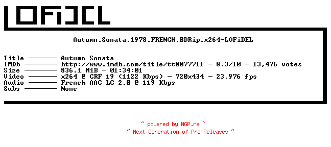 NFO for the release Autumn.Sonata.1978.FRENCH.BDRip.x264-LOFiDEL by LOFiDEL