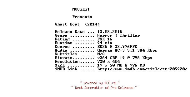 NFO for the release Ghost.Boat.German.2014.AC3.BDRip.x264-MOViEiT by MOViEiT