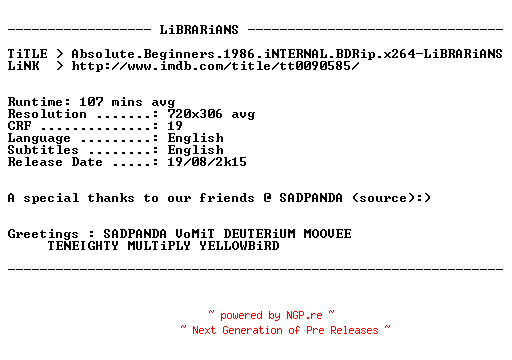 NFO for the release Absolute.Beginners.1986.iNTERNAL.BDRip.x264-LiBRARiANS by LiBRARiANS