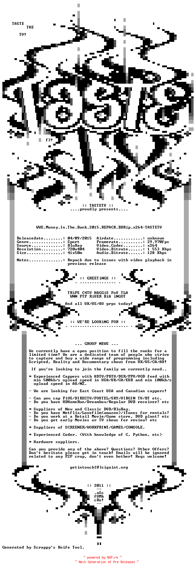 NFO for the release WWE.Money.In.The.Bank.2015.REPACK.BDRip.x264-TASTETV by TASTETV