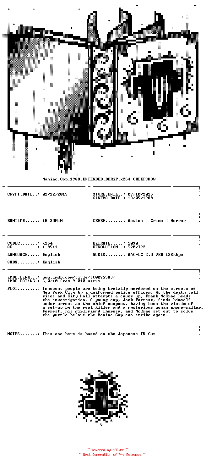 NFO for the release Maniac.Cop.1988.EXTENDED.BDRiP.x264-CREEPSHOW by CREEPSHOW