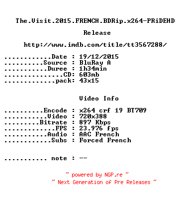 NFO for the release The.Visit.2015.FRENCH.BDRip.x264-PRiDEHD by PRiDEHD