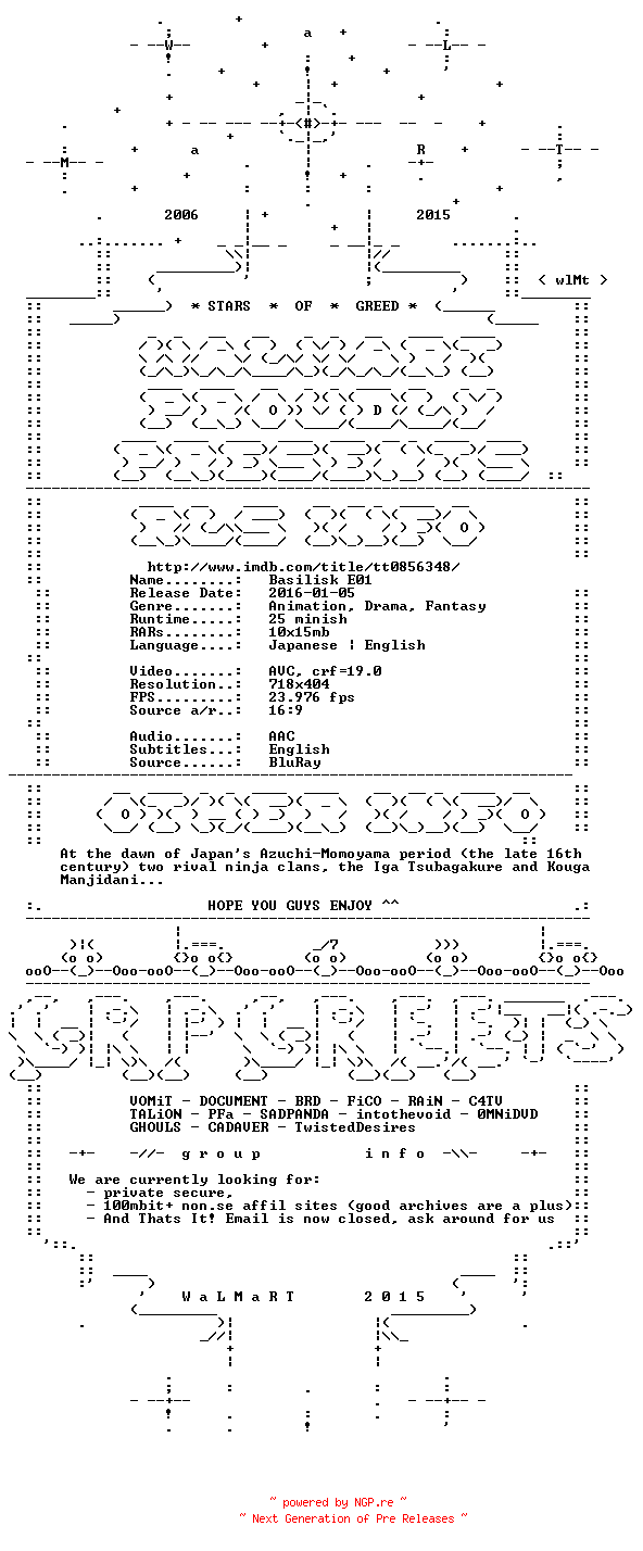 NFO for the release Basilisk.E01.iNTERNAL.BDRip.x264-WaLMaRT by WaLMaRT