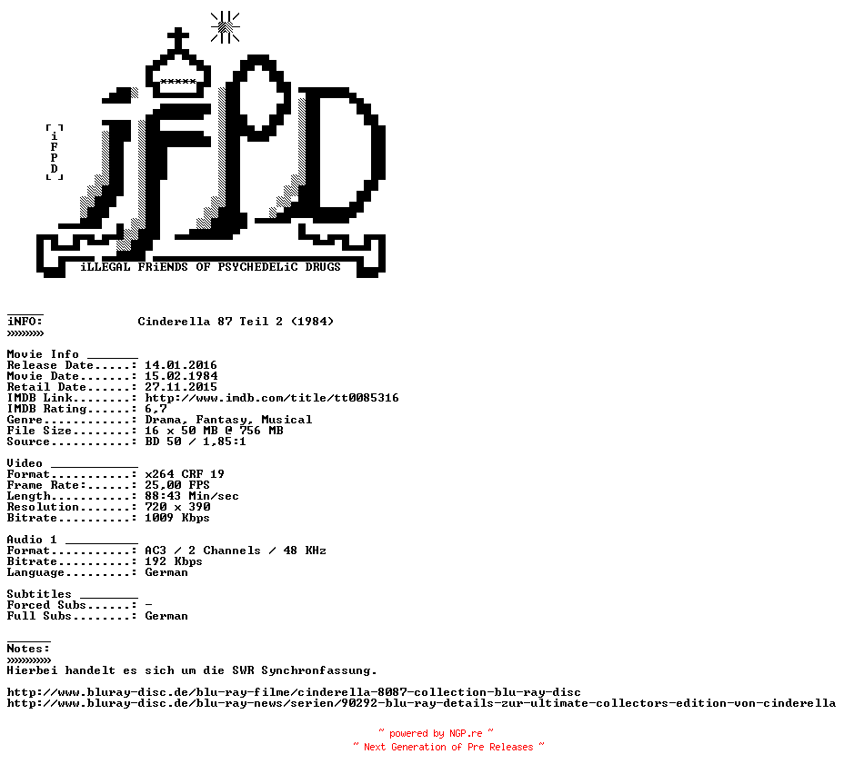 NFO for the release Cinderella.87.Teil.2.German.1984.AC3.BDRiP.x264-iFPD by iFPD