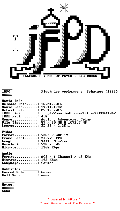 NFO for the release Fluch.des.verborgenen.Schatzes.German.1982.AC3.BDRiP.x264-iFPD by iFPD