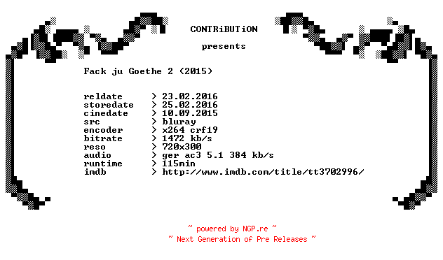 NFO for the release Fack.ju.Goethe.2.2015.German.BDRip.x264-CONTRiBUTiON by CONTRiBUTiON