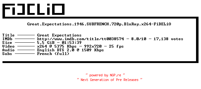 NFO for the release Great.Expectations.1946.SUBFRENCH.720p.BluRay.x264-FiDELiO by FiDELiO