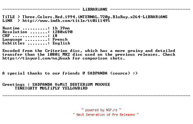 NFO for the release Three.Colors.Red.1994.iNTERNAL.720p.BluRay.x264-LiBRARiANS by LiBRARiANS