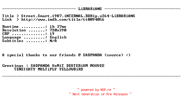 NFO for the release Street.Smart.1987.iNTERNAL.BDRip.x264-LiBRARiANS by LiBRARiANS