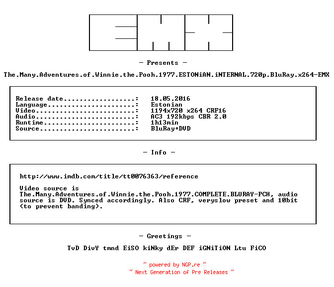 NFO for the release The.Many.Adventures.of.Winnie.the.Pooh.1977.ESTONiAN.iNTERNAL.720p.BluRay.x264-EMX by EMX