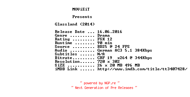 NFO for the release Glassland.German.2014.AC3.BDRip.x264-MOViEiT by MOViEiT