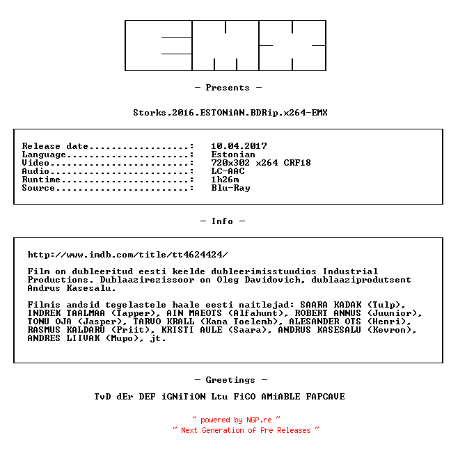 NFO for the release Storks.2016.ESTONiAN.BDRip.x264-EMX by EMX