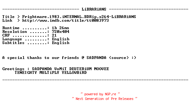 NFO for the release Frightmare.1983.iNTERNAL.BDRip.x264-LiBRARiANS by LiBRARiANS