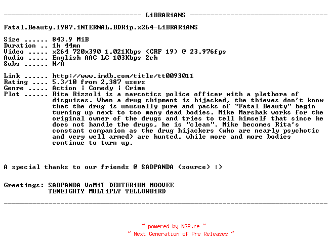 NFO for the release Fatal.Beauty.1987.iNTERNAL.BDRip.x264-LiBRARiANS by LiBRARiANS