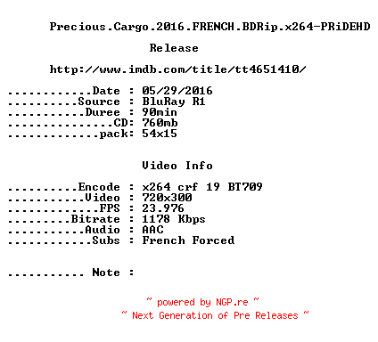 NFO for the release Precious.Cargo.2016.FRENCH.BDRip.x264-PRiDEHD by PRiDEHD