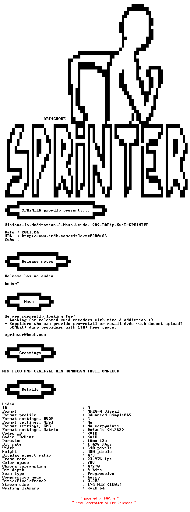 NFO for the release Stan.Brakhage.Visions.In.Meditation.2.Mesa.Verde.1989.BDRip.XviD-SPRiNTER by SPRiNTER