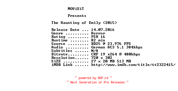 NFO for the release The.Haunting.of.Emily.German.2015.AC3.BDRip.x264-MOViEiT by MOViEiT