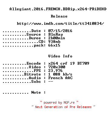 NFO for the release Allegiant.2016.FRENCH.BDRip.x264-PRiDEHD by PRiDEHD