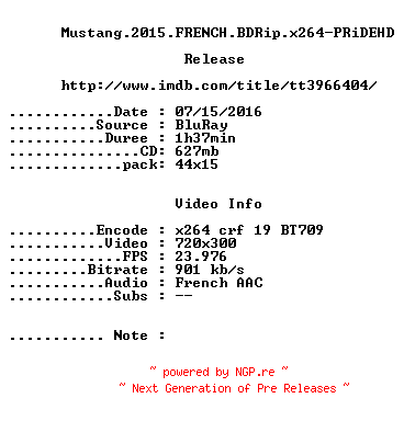 NFO for the release Mustang.2015.FRENCH.BDRip.x264-PRiDEHD by PRiDEHD