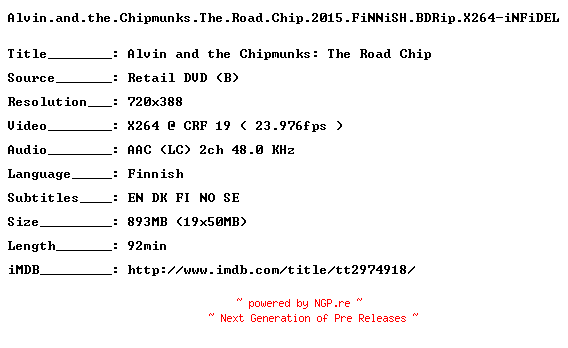 NFO for the release Alvin.and.the.Chipmunks.The.Road.Chip.2015.FiNNiSH.BDRip.X264-iNFiDEL by iNFiDEL