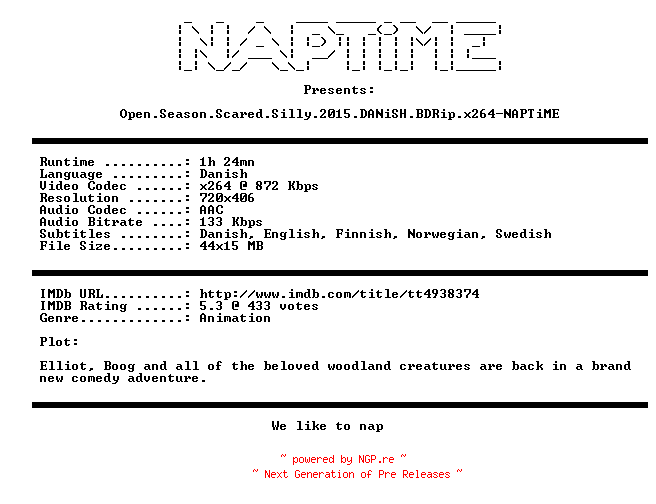 NFO for the release Open.Season.Scared.Silly.2015.DANiSH.BDRip.x264-NAPTiME by NAPTiME