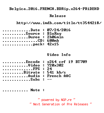 NFO for the release Belgica.2016.FRENCH.BDRip.x264-PRiDEHD by PRiDEHD
