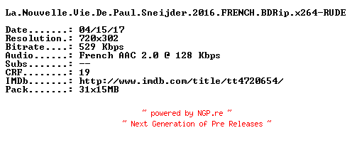 NFO for the release La.Nouvelle.Vie.De.Paul.Sneijder.2016.FRENCH.BDRip.x264-RUDE by RUDE