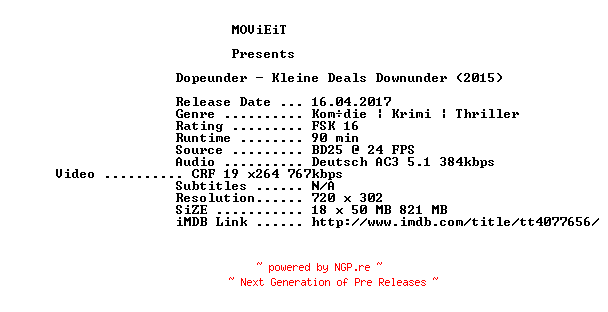 NFO for the release DopeUnder.Kleine.Deals.Downunder.German.2015.AC3.BDRip.x264-MOViEiT by MOViEiT