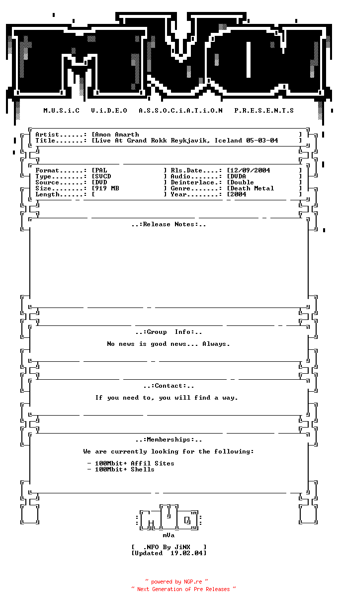 NFO for the release Amon_amarth-live_at_grand_rokk_reykjavik_iceland_05-03-04-dvdrip-svcd-2004-mVa by mVa