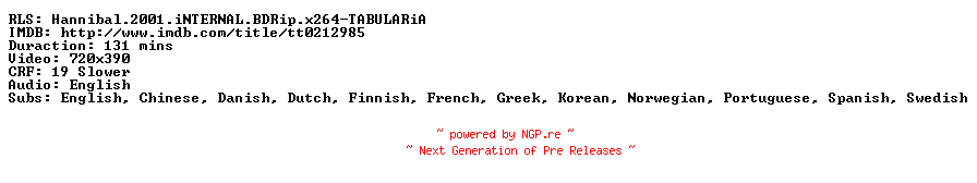NFO for the release Hannibal.2001.iNTERNAL.BDRip.x264-TABULARiA by TABULARiA