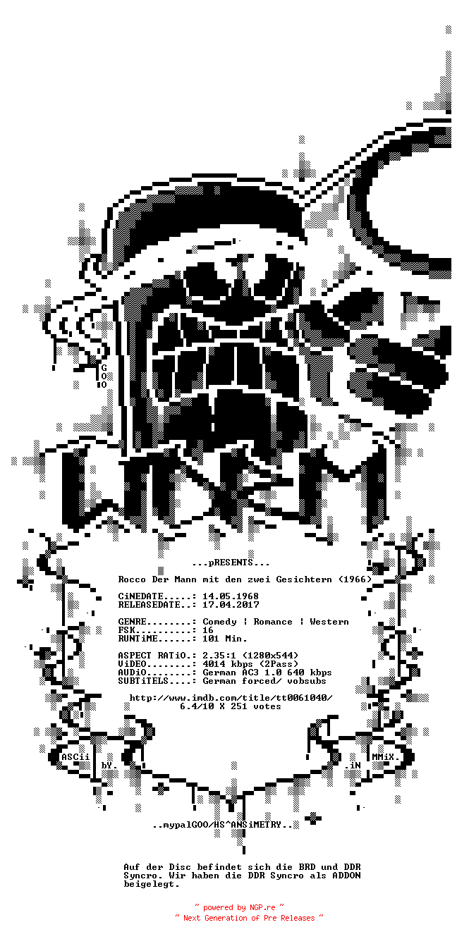 NFO for the release Rocco.der.Mann.mit.den.zwei.Gesichtern.1966.German.720p.Bluray.x264.READNFO-w0rm by w0rm
