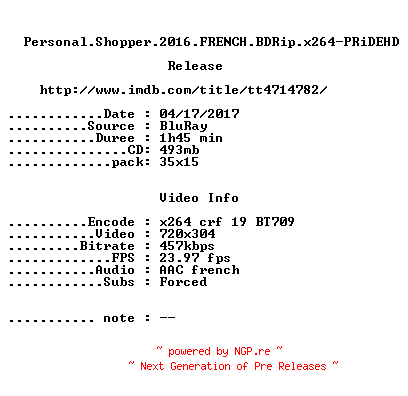 NFO for the release Personal.Shopper.2016.FRENCH.BDRip.x264-PRiDEHD by PRiDEHD
