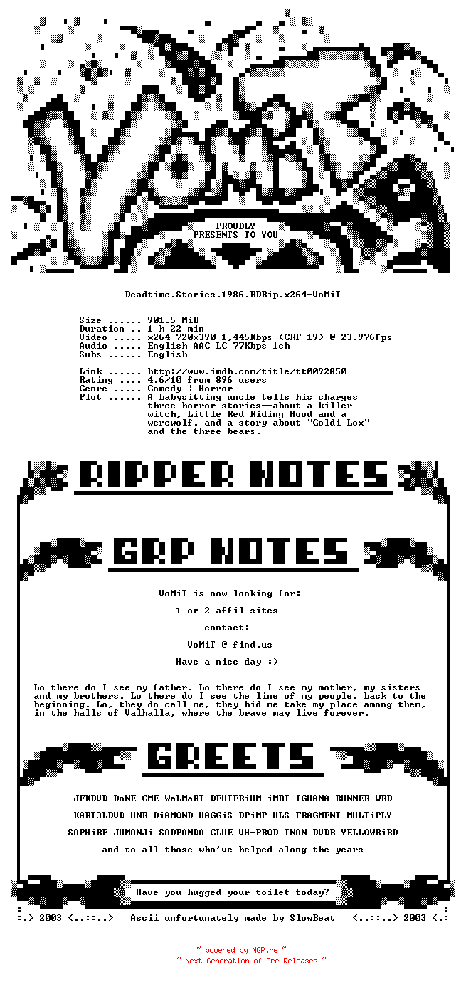 NFO for the release Deadtime.Stories.1986.BDRip.x264-VoMiT by VoMiT