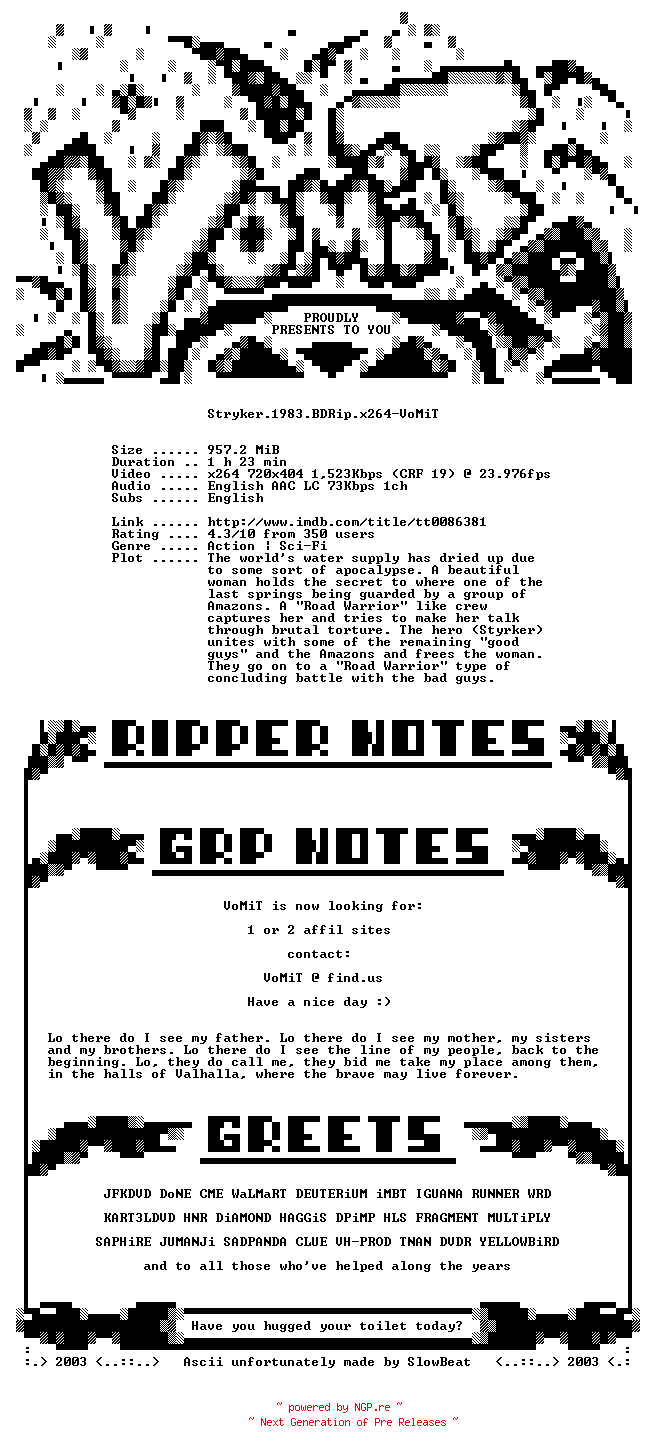 NFO for the release Stryker.1983.BDRip.x264-VoMiT by VoMiT