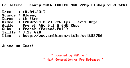 NFO for the release Collateral.Beauty.2016.TRUEFRENCH.720p.BluRay.x264-ZEST by ZEST