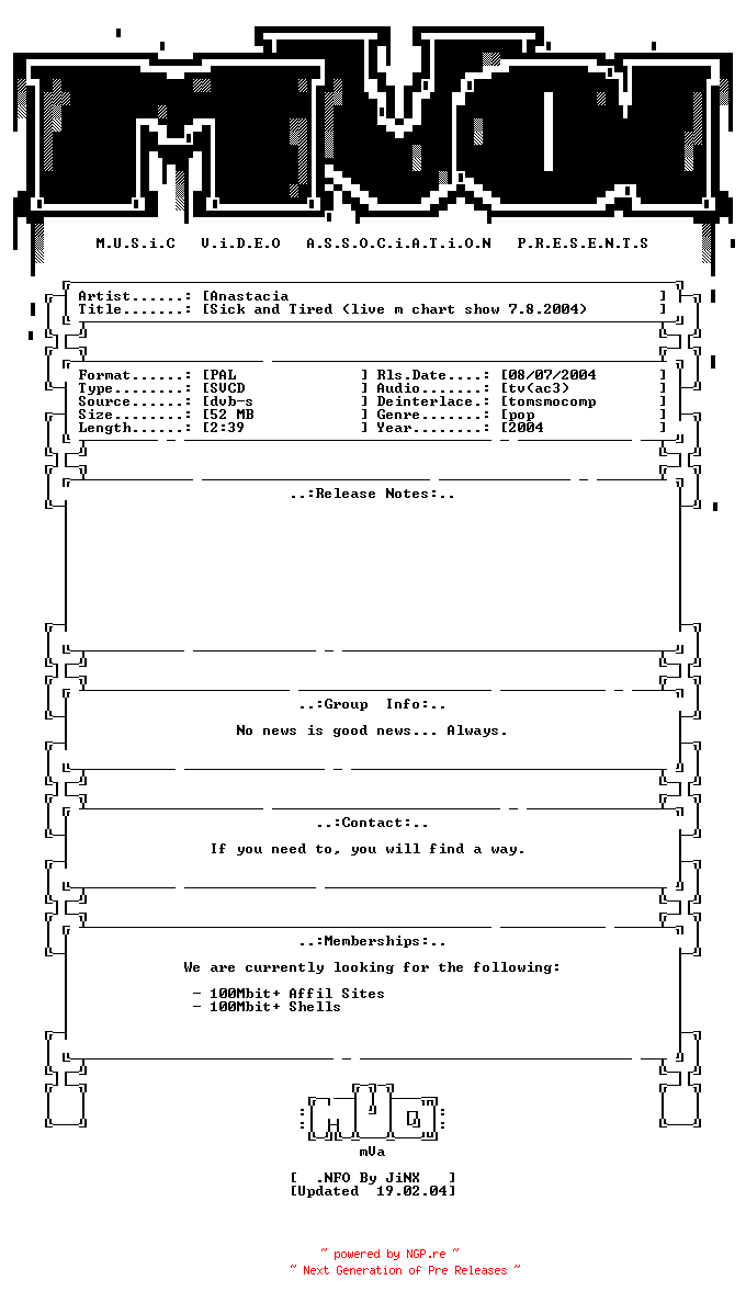 NFO for the release Anastacia-sick_and_tired_(live_m_chart_show_07-08-04)-svcd-2004-mVa by mVa