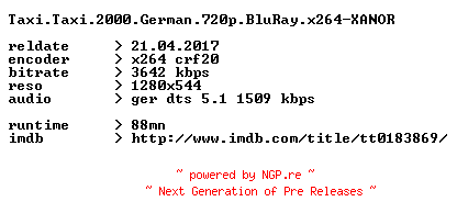 NFO for the release Taxi.Taxi.2000.German.720p.BluRay.x264-XANOR by XANOR