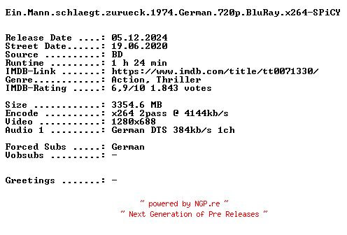 NFO for the release Ein.Mann.schlaegt.zurueck.1974.German.720p.BluRay.x264-SPiCY by SPiCY