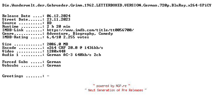NFO for the release Die.Wunderwelt.der.Gebrueder.Grimm.1962.LETTERBOXED.VERSION.German.720p.BluRay.x264-SPiCY by SPiCY
