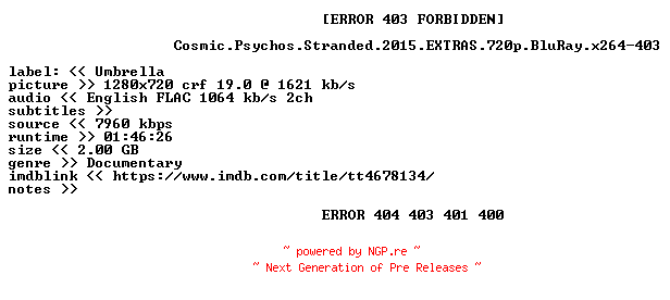 NFO for the release Cosmic.Psychos.Stranded.2015.EXTRAS.720p.BluRay.x264-403 by 403